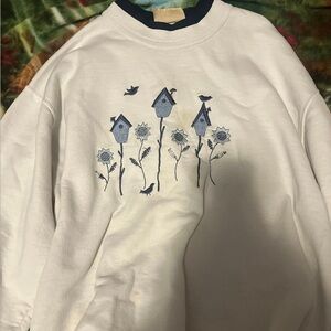 White Top Stitch Crew with Blue Birdhouse Design